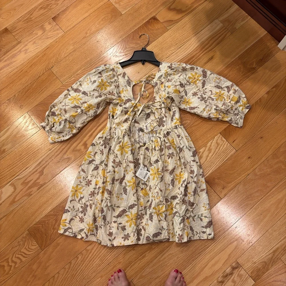 Free People Lola Yellow and Cream Backless keyhole mini Dress. - Picture 3 of 9